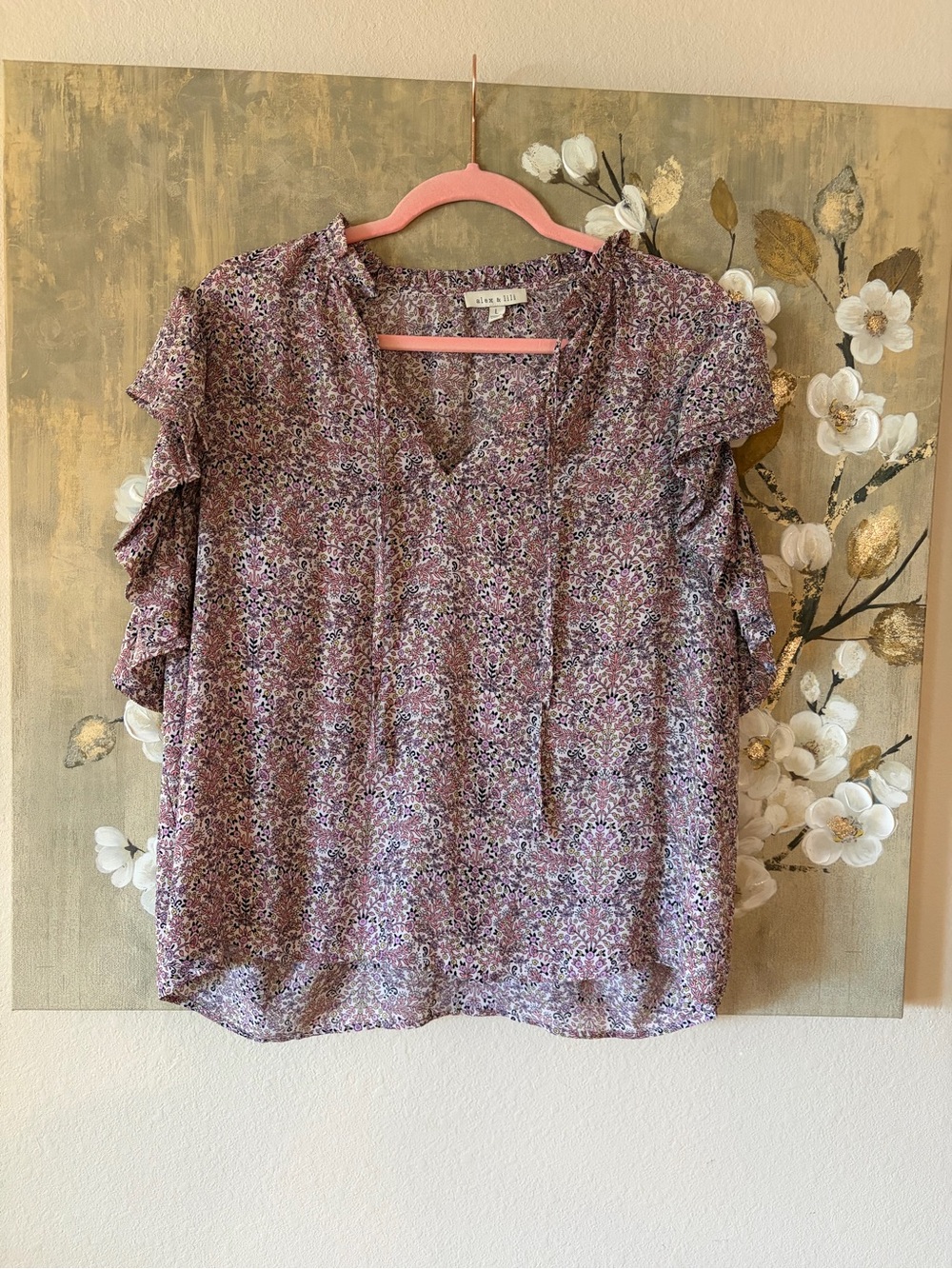 V-Neck Lavender Floral Ruffle Sleeve Blouse